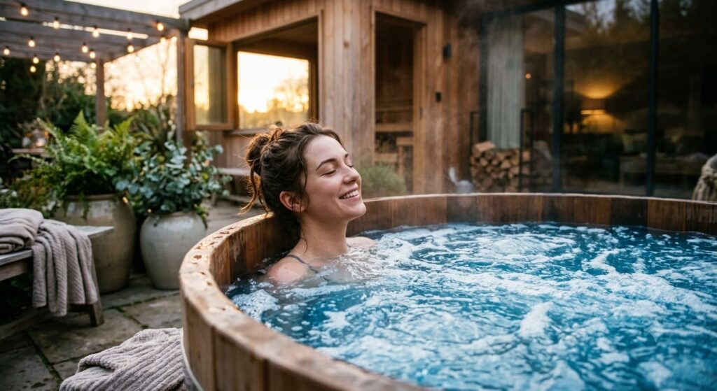 Jovem relaxa sorrindo em banheira de hidromassagem com água azul borbulhante e luz suave em ambiente aconchegante.