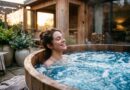 Jovem relaxa sorrindo em banheira de hidromassagem com água azul borbulhante e luz suave em ambiente aconchegante.