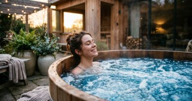 Jovem relaxa sorrindo em banheira de hidromassagem com água azul borbulhante e luz suave em ambiente aconchegante.