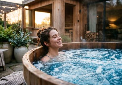 Jovem relaxa sorrindo em banheira de hidromassagem com água azul borbulhante e luz suave em ambiente aconchegante.