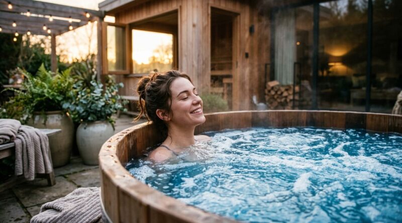Jovem relaxa sorrindo em banheira de hidromassagem com água azul borbulhante e luz suave em ambiente aconchegante.
